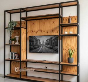 backdrop tv industrial look dengan kombinasi besi hollow