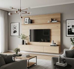 backdrop tv panel kayu hpl melamin