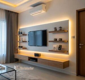 backdrop tv dengan rak ambalan dan lighting led